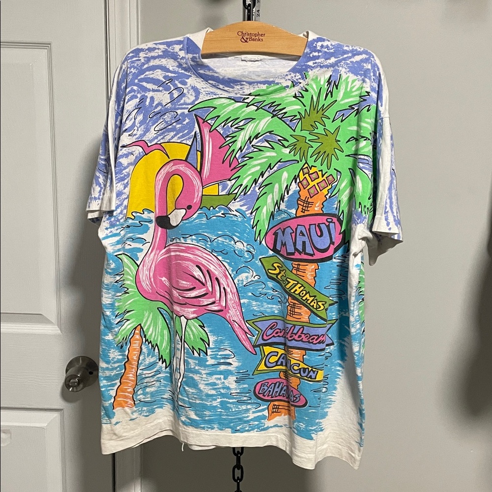 Vintage Shirt Adult 90s Freeze Flamingo Island AOP Single Stitch XL made in USA